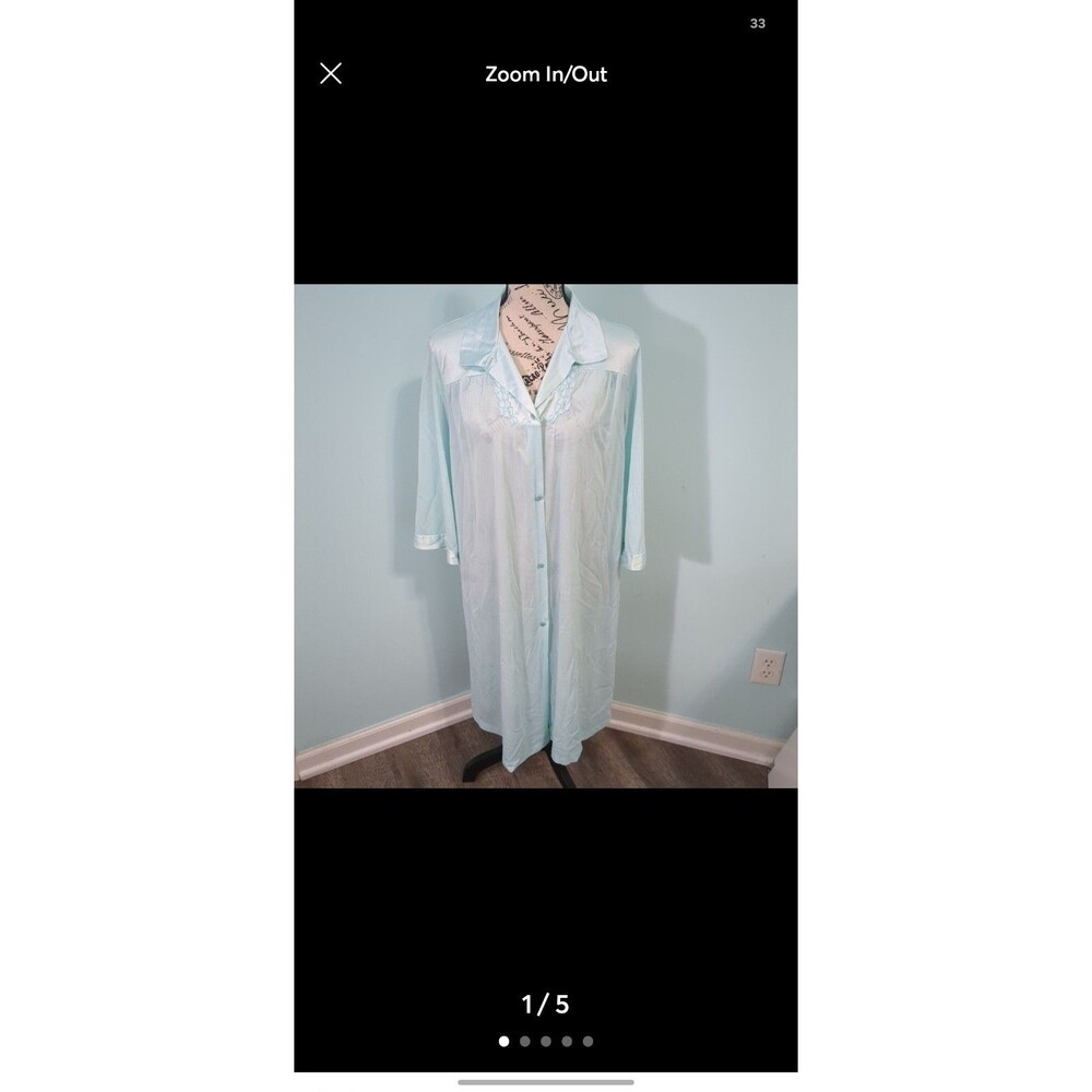 Vintage Vanity Fair Silky Nylon Nightgown Medium M Aqua Blue Button Up